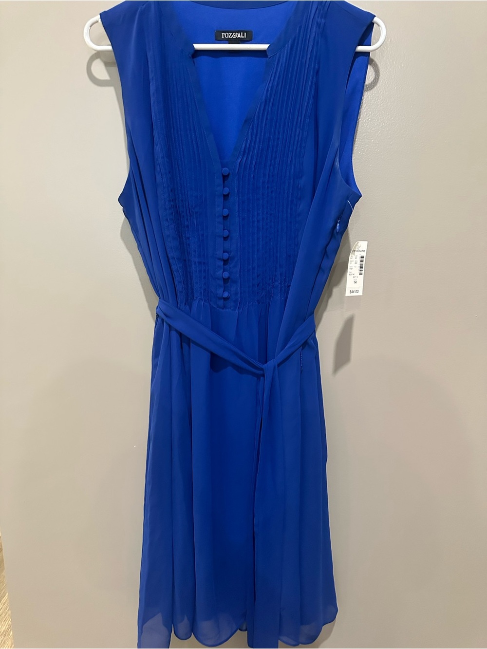 Roz & Ali Sleeveless Cobalt Blue Pleated V-Neck Dress with Waist Tie